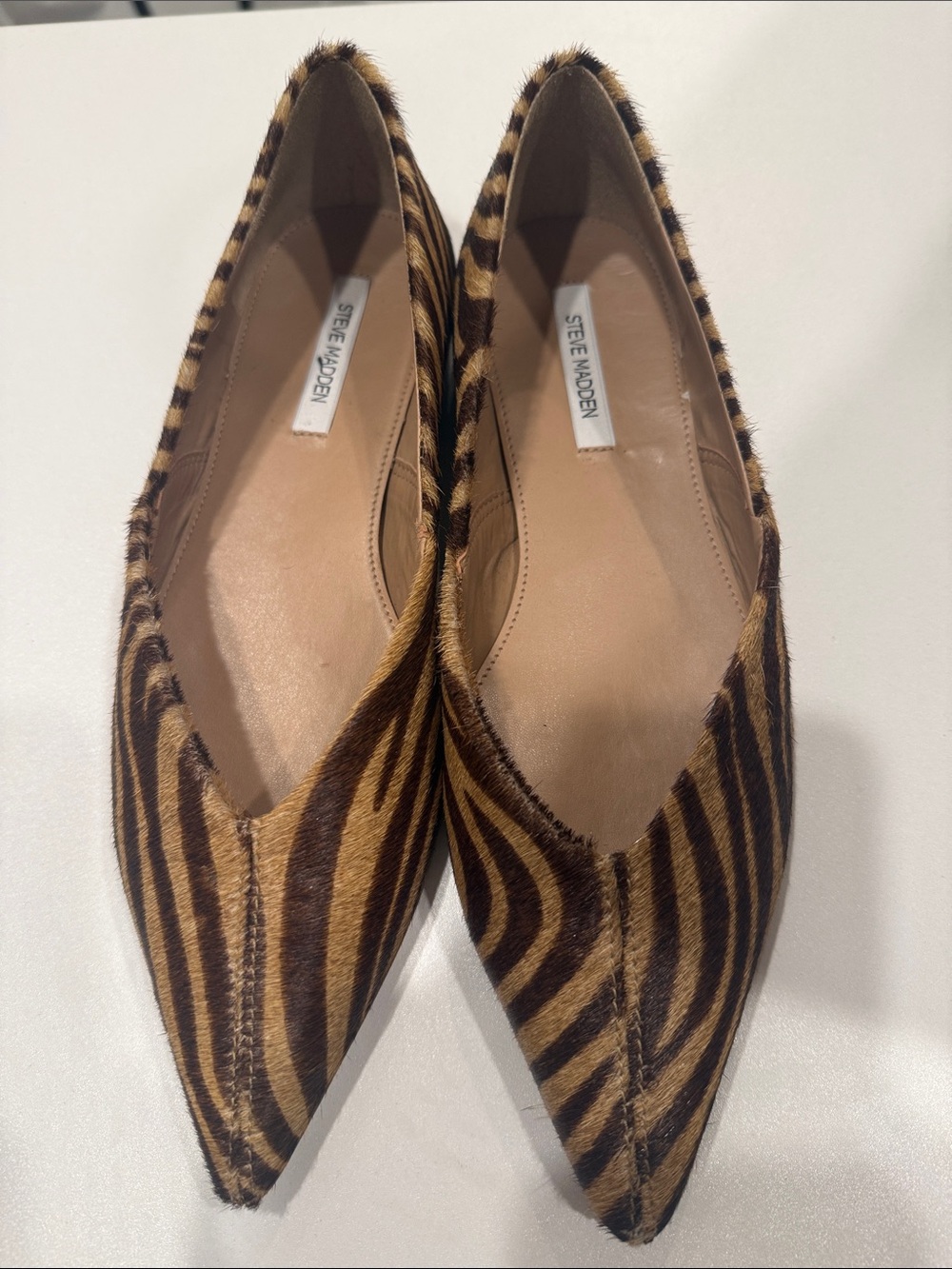 Steve Madden Zebra-Print Pointed Toe Flats in Brown and Black
